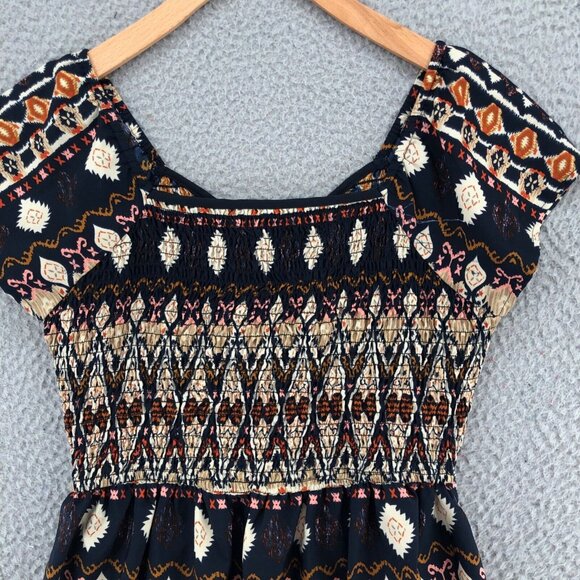 Earthbound Dress Womens Medium Navy Multi Fit & Flare Smocked Bodice Sweetheart - Picture 4 of 11